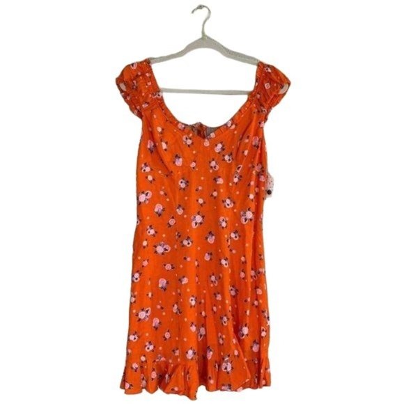 Free People Like A Lady Mini Dress in Orange Floral Print Size Large Sz L - Picture 2 of 11